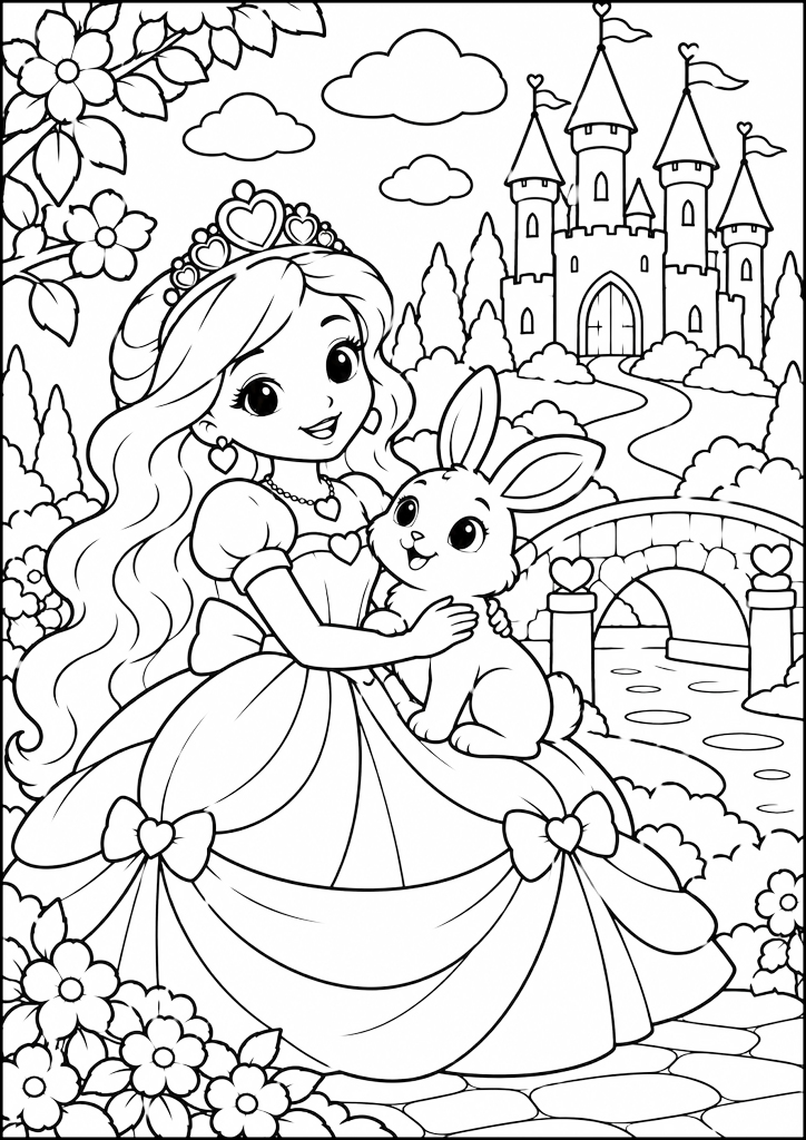 Ausmalbild Prinzessin Mit Häschen Und Schloss
