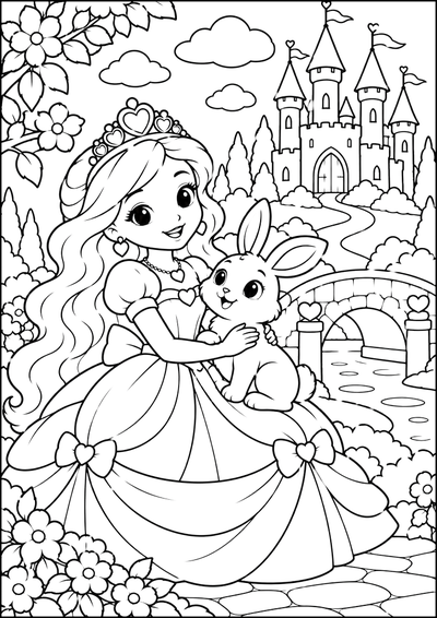 Disegno da colorare Principessa con coniglietto e castello