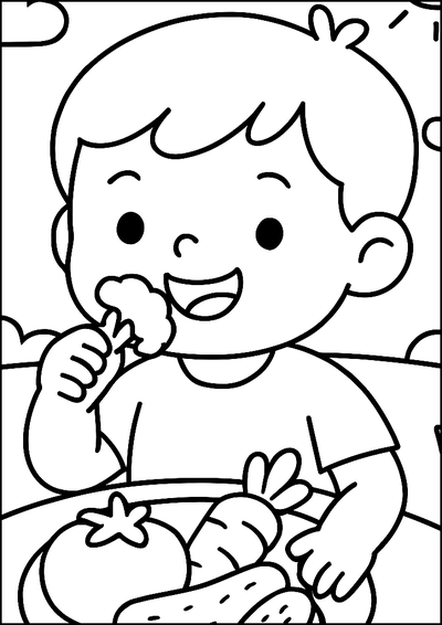 Coloriage Garçon Avec Assiette De Légumes