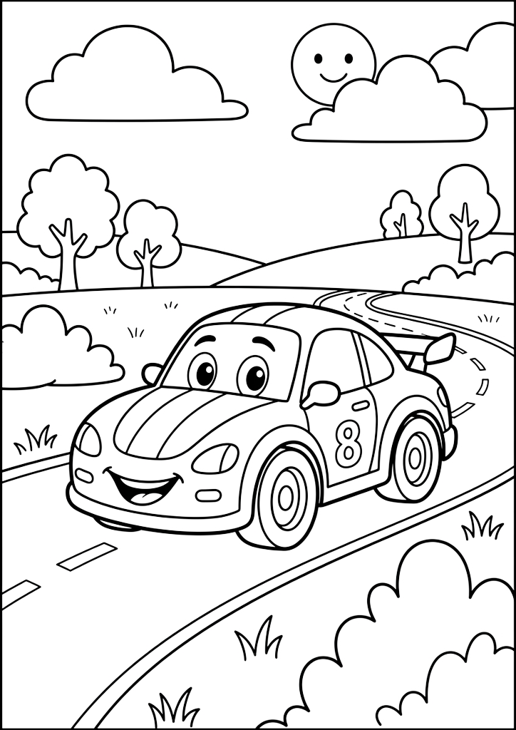 Ausmalbild Lachendes Rennauto Auf Der Straße