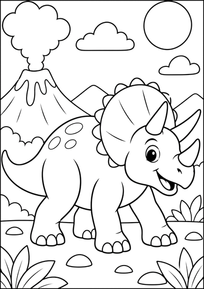 Kolorowanka Triceratops Na Tle Wulkanu