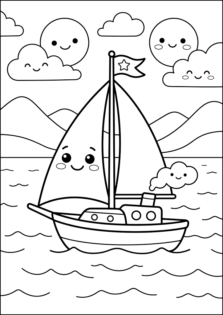 Ausmalbild Fröhliches Segelboot auf Wellen