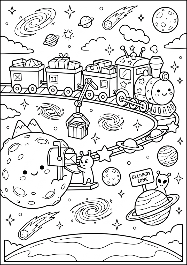 Dibujo para colorear Tren Espacial Entrega Paquetes