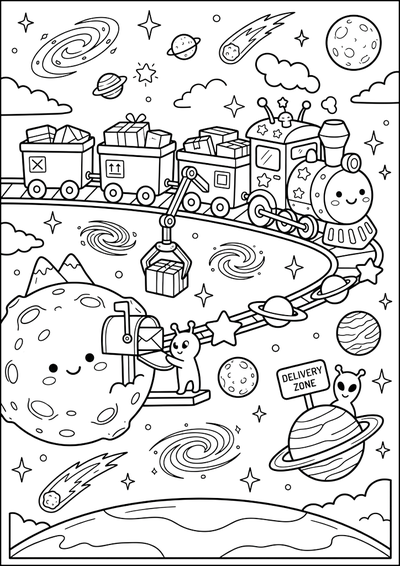 Dibujo para colorear Tren Espacial Entrega Paquetes