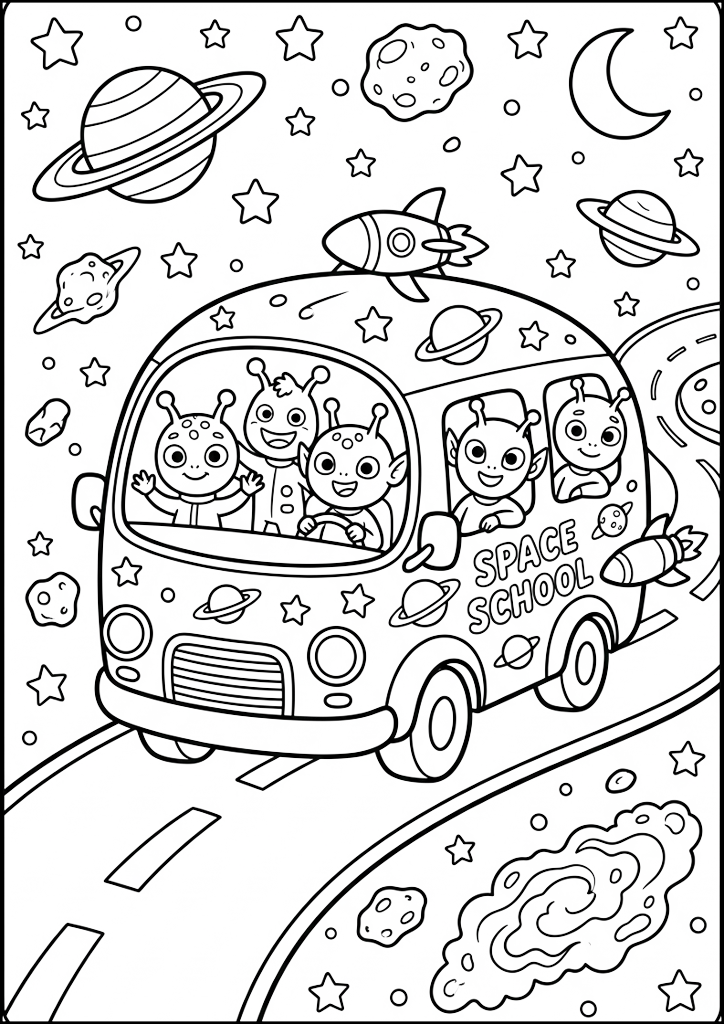 Dibujo para colorear Autobús Escolar Espacial con Aliens