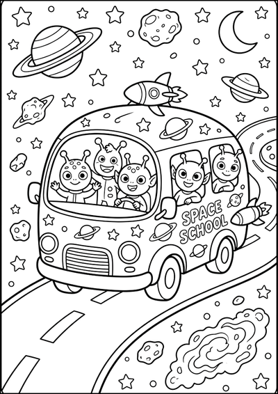 Dibujo para colorear Autobús Escolar Espacial con Aliens