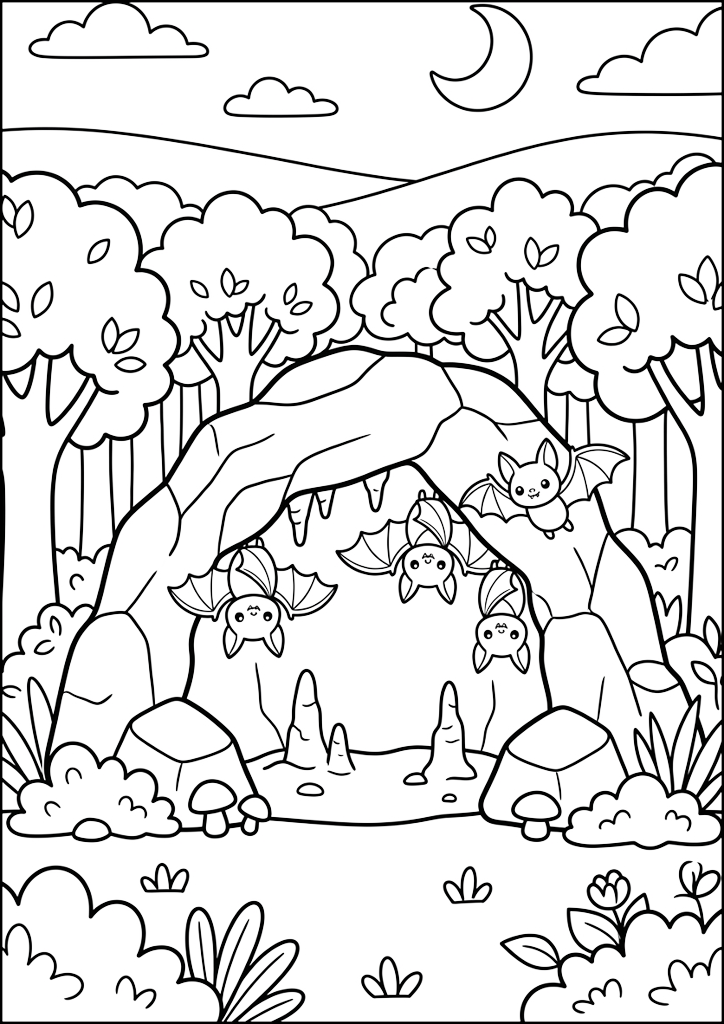 Coloring page Forest Cave with Cute Bats