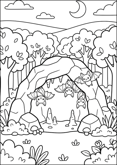Coloriage Grotte aux Chauves-souris dans la Forêt