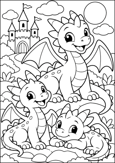 Disegno da colorare Dolci draghetti al castello