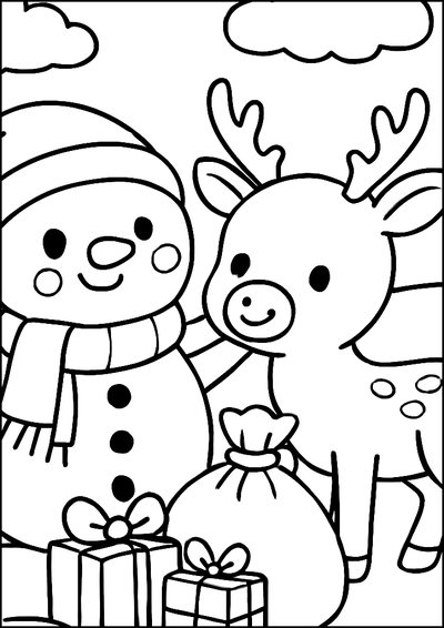 Coloriage Bonhomme De Neige Et Renne Avec Cadeaux
