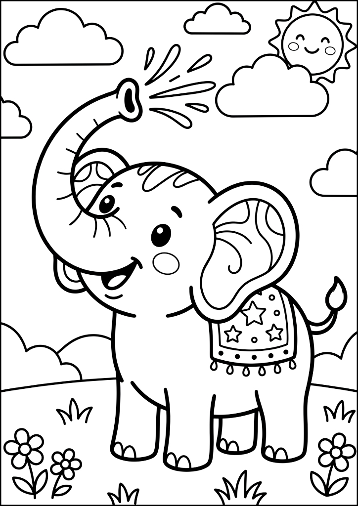 Coloring page Smiling Elephant Spraying Water