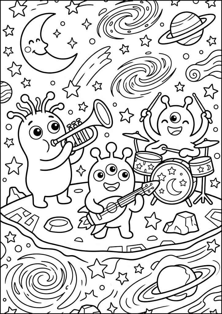 Dibujo para colorear Orquesta Espacial de Alienígenas Felices