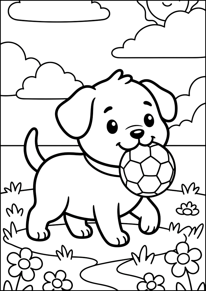 Coloring page Puppy With Ball In Meadow