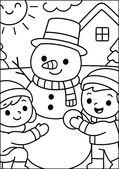Coloriage Enfants Faisant Un Bonhomme De Neige