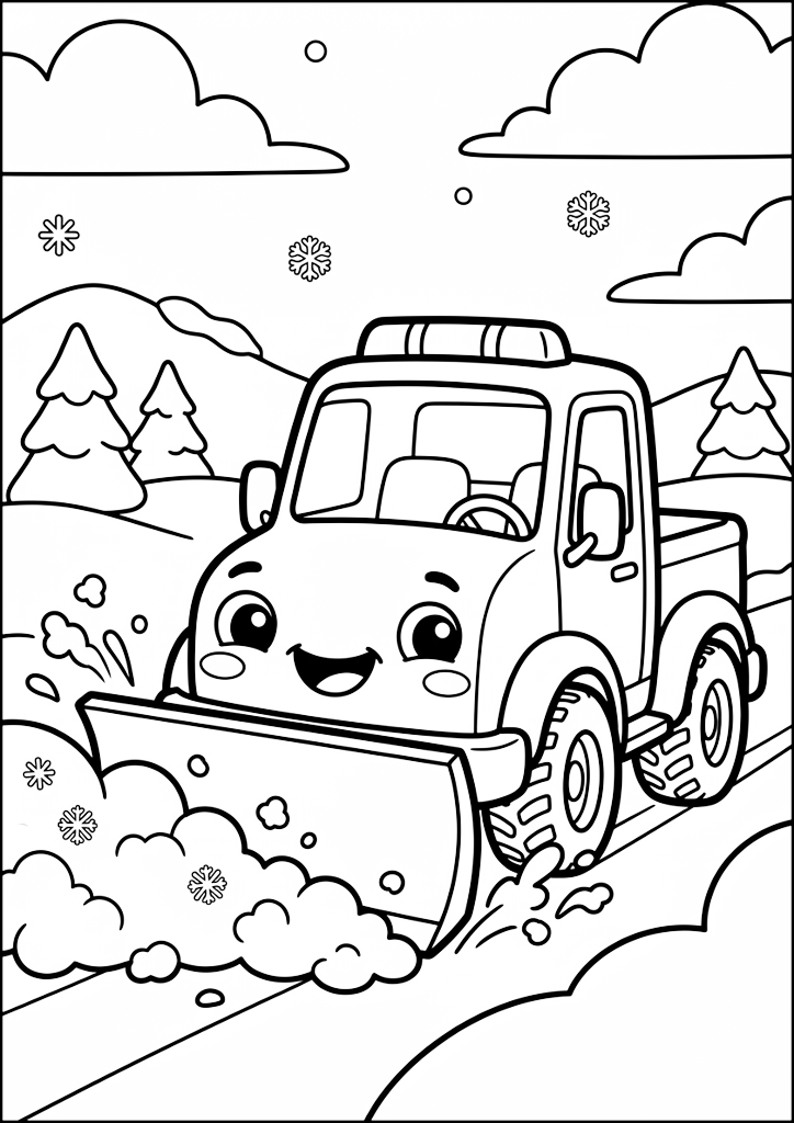 Ausmalbild Fröhlicher Schneepflug Räumt Straße