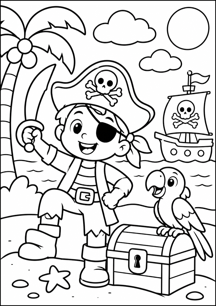 Ausmalbild Junger Pirat Auf Insel