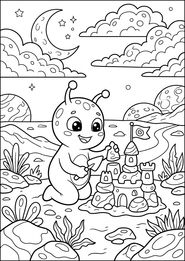 Dibujo para colorear Pequeño Alien Construyendo Castillo Espacial
