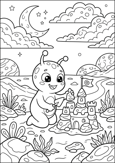 Dibujo para colorear Pequeño Alien Construyendo Castillo Espacial