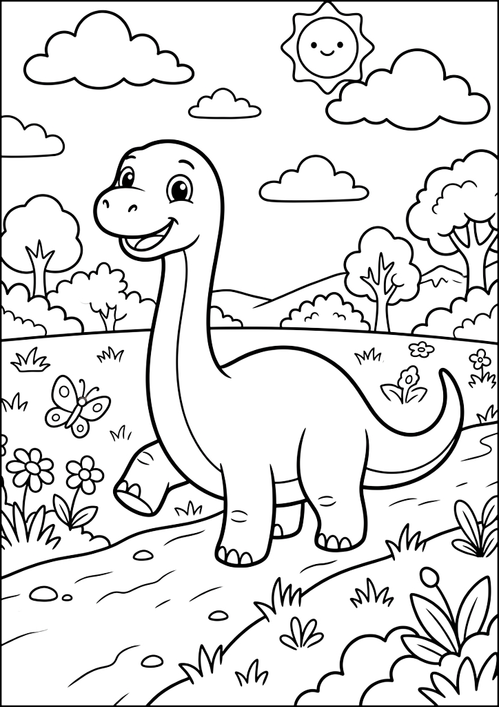 Coloring page Cute Dinosaur in Sunny Land