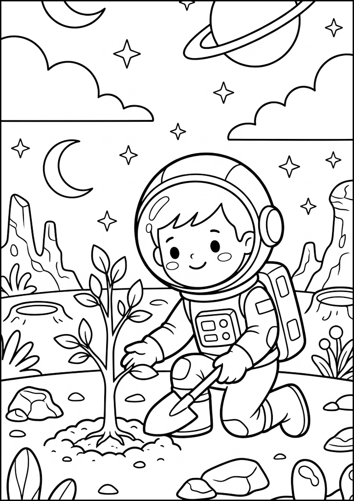 Dibujo para colorear Pequeño Astronauta Planta Árbol en Planeta
