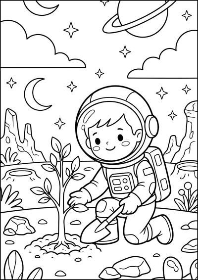 Ausmalbild Kleiner Astronaut Pflanzt Baum auf Planeten