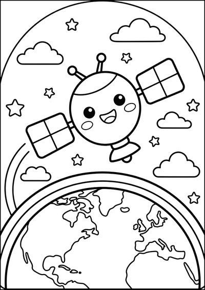 Kolorowanka Uśmiechnięty Satelita Nad Ziemią