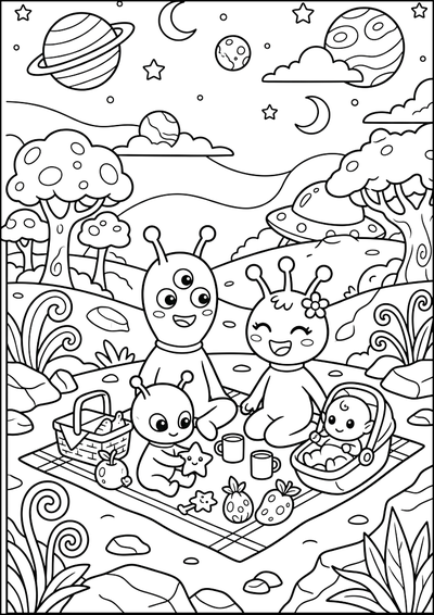 Dibujo para colorear Familia Alienígena Picnic Planetario