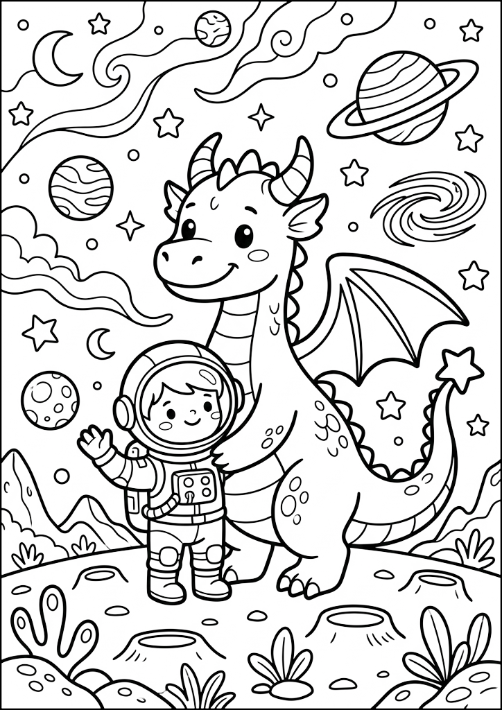 Dibujo para colorear Dragón Amigable y Pequeño Astronauta
