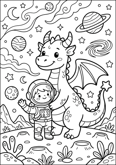 Dibujo para colorear Dragón Amigable y Pequeño Astronauta