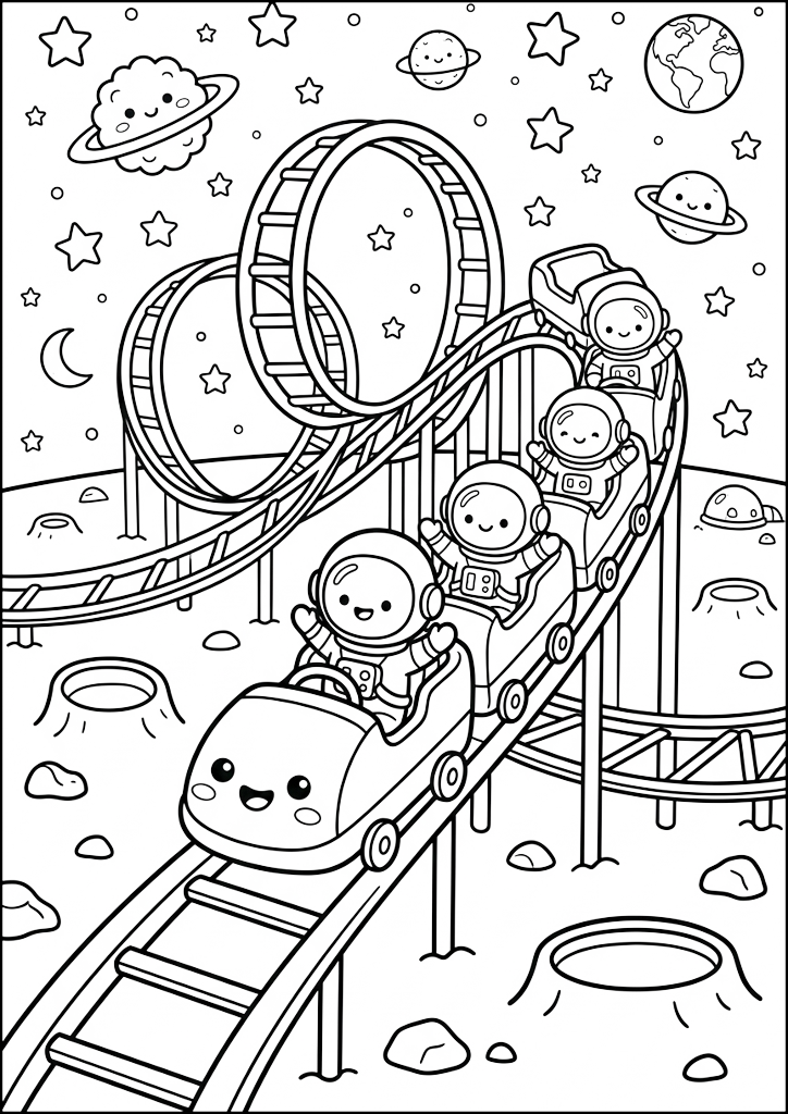 Dibujo para colorear Montaña Rusa Espacial con Astronautas