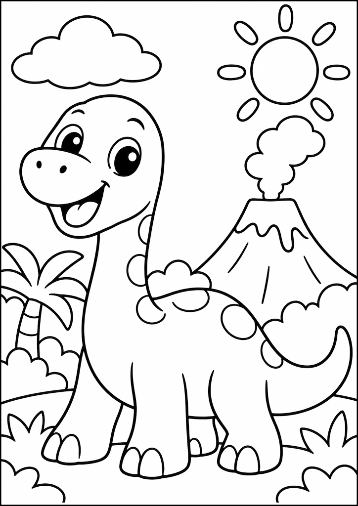 Coloriage Dinosaure Souriant Avec Volcan