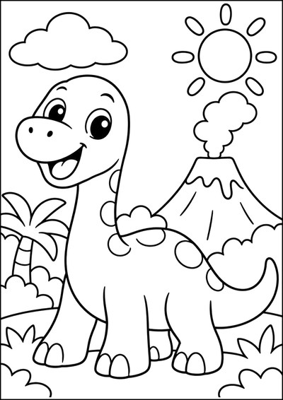 Ausmalbild Lächelnder Dino Mit Vulkan