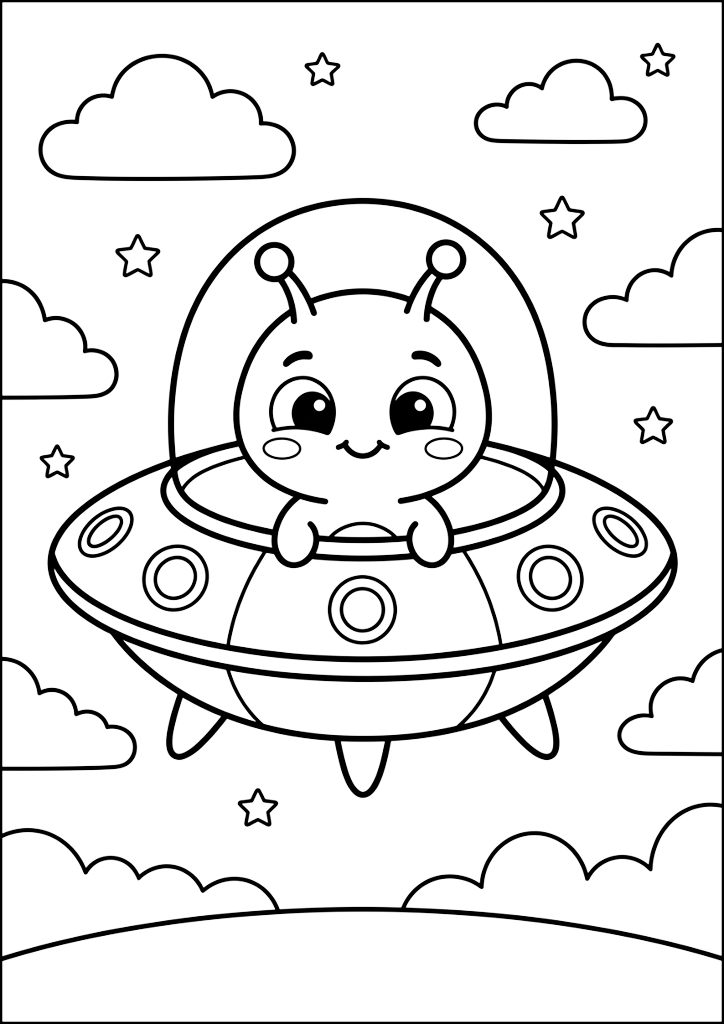 Ausmalbild Süßer Außerirdischer im Ufo