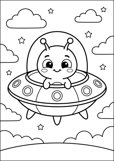 Dibujo para colorear Lindo Extraterrestre en Platillo Volador