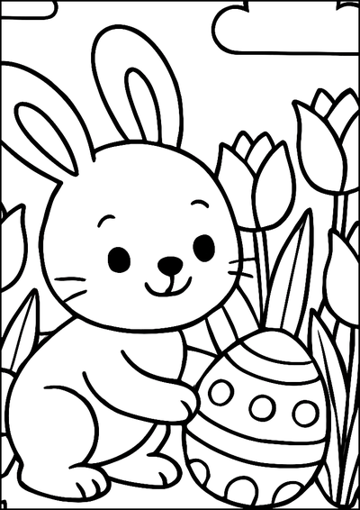 Coloriage Lapin Avec Œuf De Pâques Parmi Les Tulipes