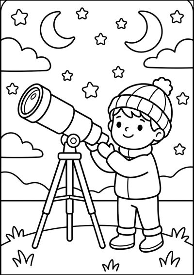 Ausmalbild Kind Beobachtet Sterne Durch Teleskop