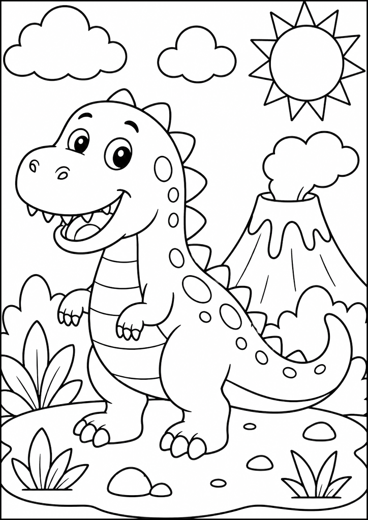 Ausmalbild Fröhlicher Dinosaurier Am Vulkan
