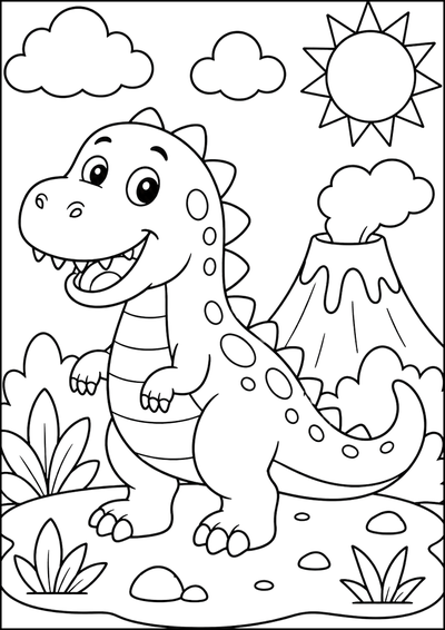 Kolorowanka Wesoły Dinozaur Przy Wulkanie