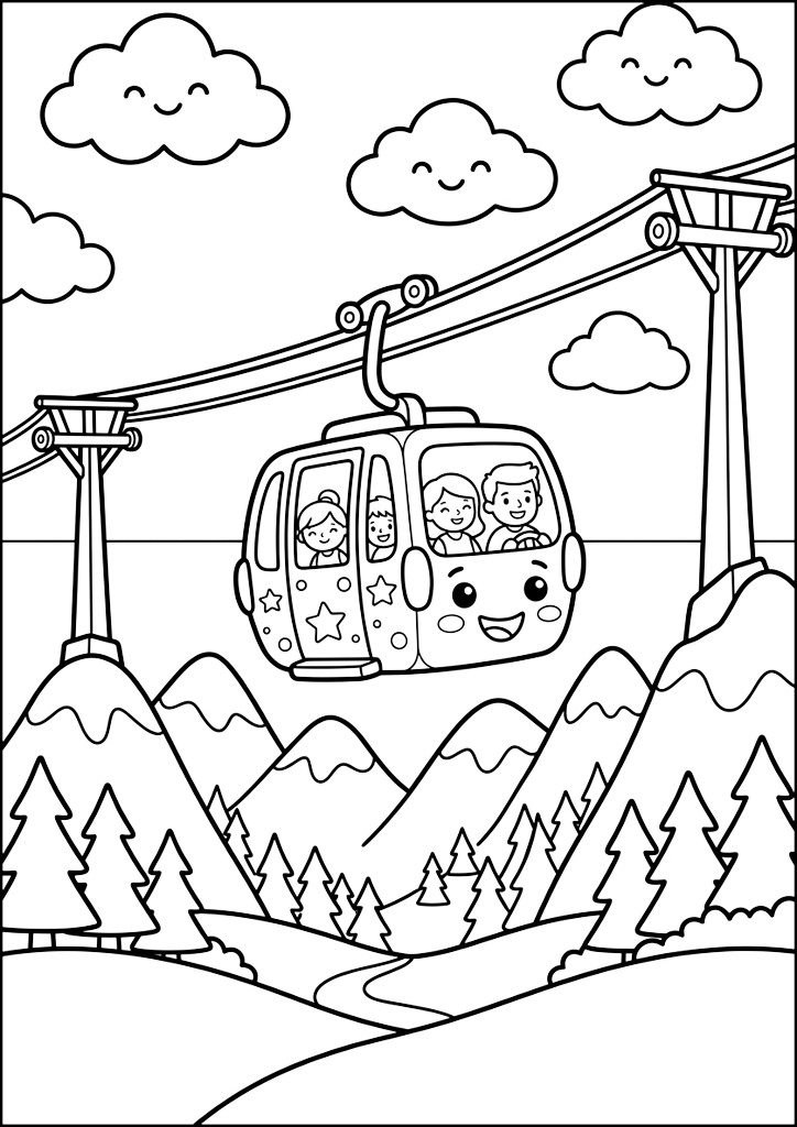 Coloring page Smiling Cable Car In Mountains