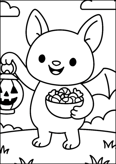 Coloriage Chauve‑souris avec Lanterne et Bonbons