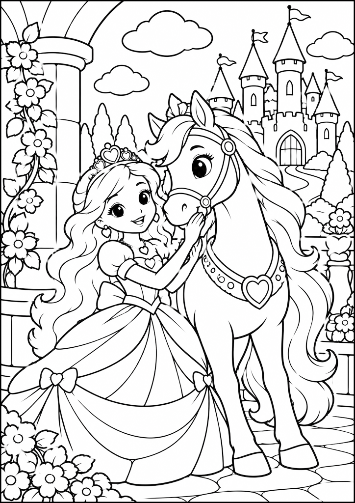 Disegno da colorare Principessa che accarezza il cavallo davanti al castello