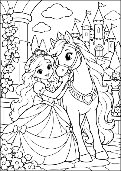 Disegno da colorare Principessa che accarezza il cavallo davanti al castello