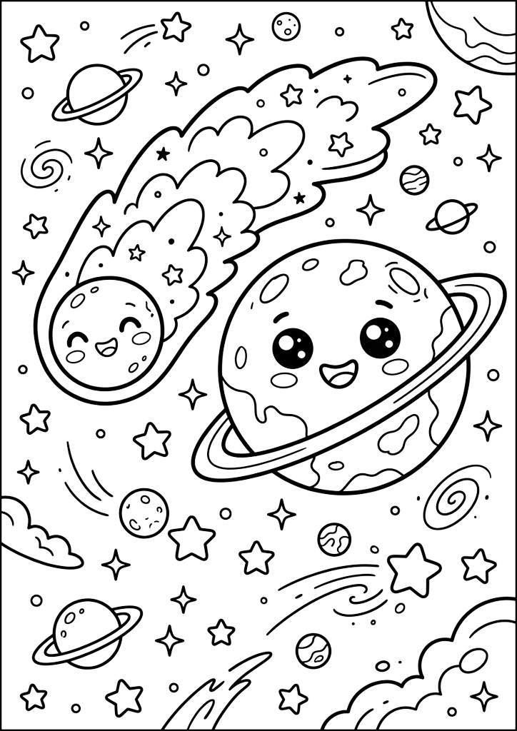 Dibujo para colorear Cometa y Planeta Sonrientes