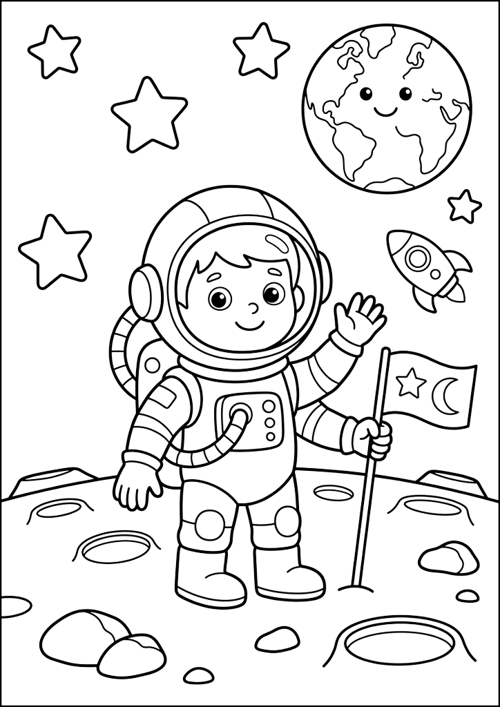 Dibujo para colorear Astronauta Con Bandera En La Luna
