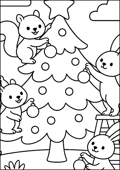 Coloriage Lapins Et Écureuils Décorent Le Sapin