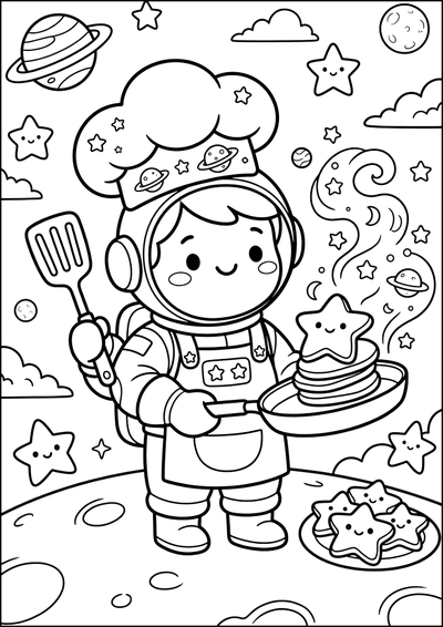 Ausmalbild Weltraumkoch Brät Sternenpfannkuchen