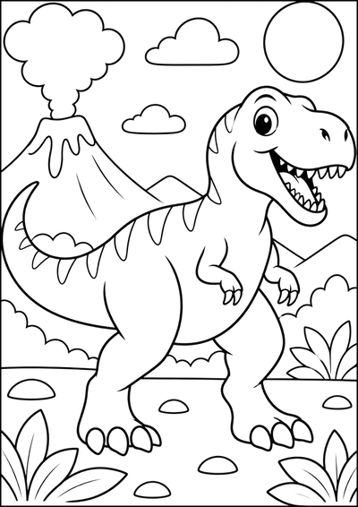 Kolorowanka Wesoły T-Rex Przy Wulkanie