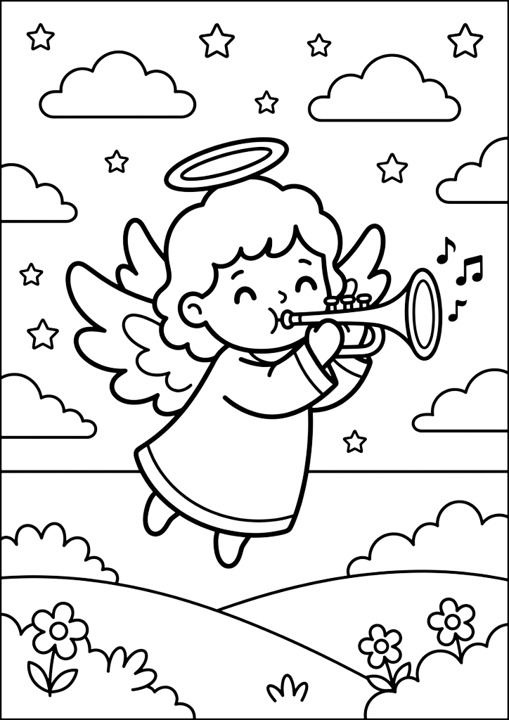 Coloring page Cute Angel Playing Trumpet