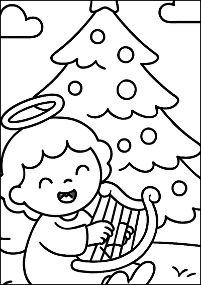 Coloriage Ange Devant Sapin Avec Harpe