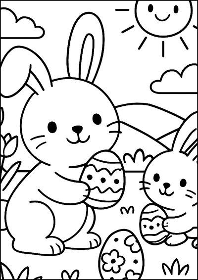 Coloriage Lapins Avec Des Œufs De Pâques Dans Le Jardin